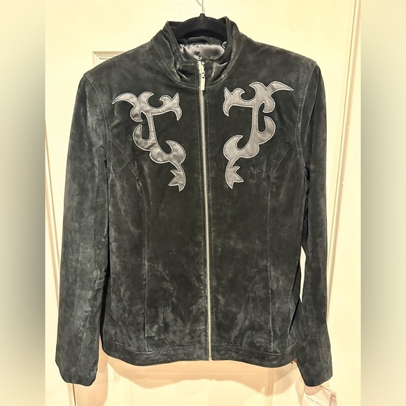 Pamela McCoy Black Suede Western Zip Up Jacket with Leather Appliqué Size Medium - Picture 1 of 6